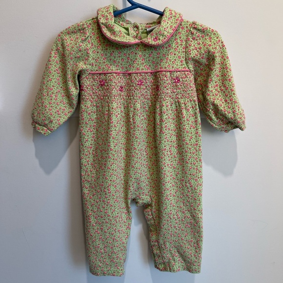 Okie Dokie Green and Pink Floral Smocked Jumpsuit One Piece 12M Baby Girl - Picture 1 of 7